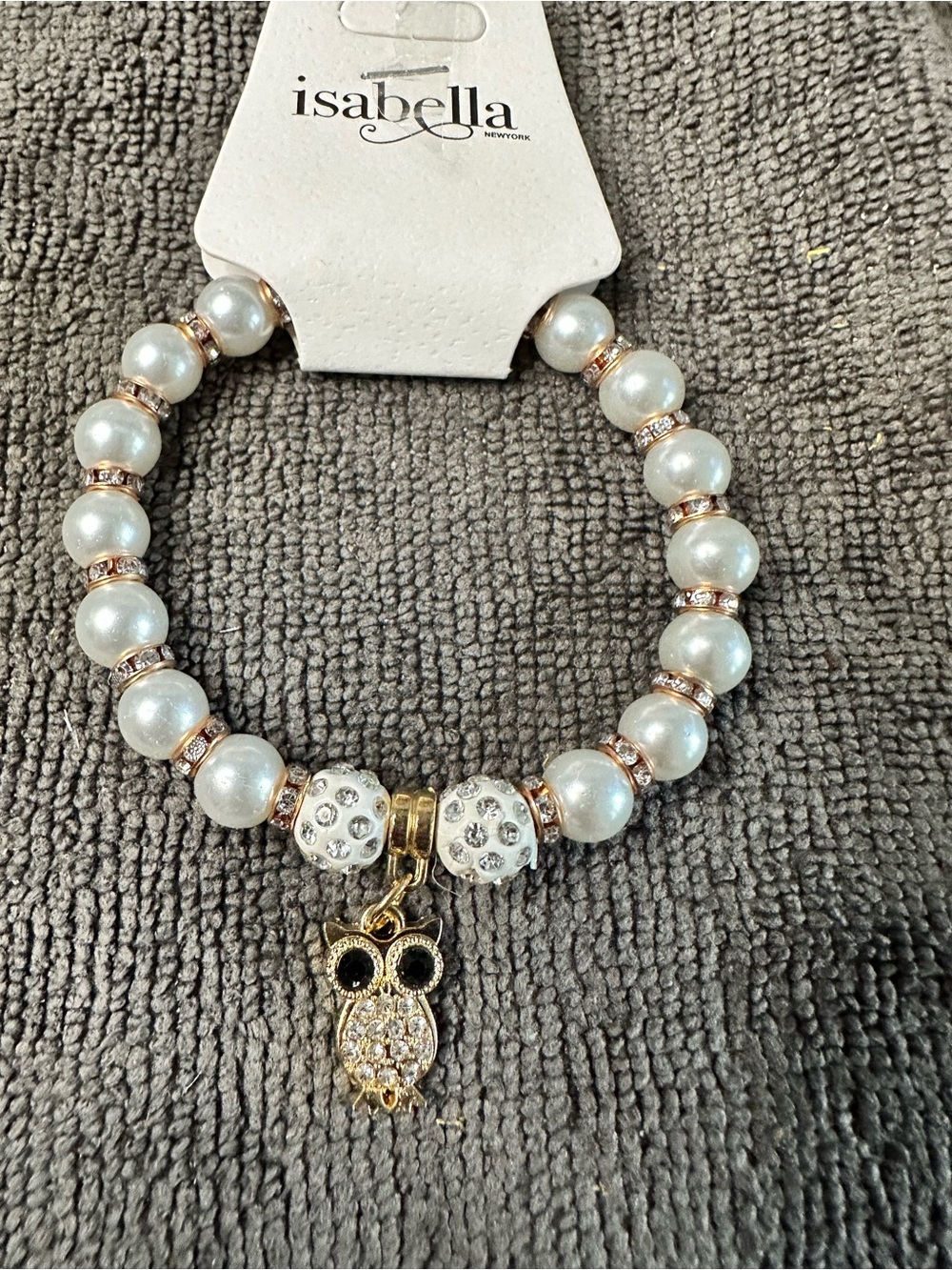 Abella White Pearl Bead Bracelet with Gold Owl Charm